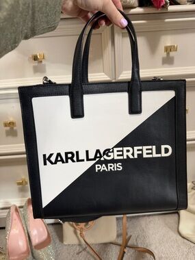 Karl Lagerfeld Black & White Diagonal Logo Tote
